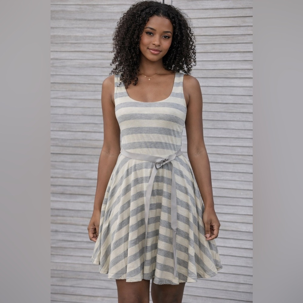 dELiA*s Striped Gray Cream Dress Medium Ribbon Belt Fit Flare Casual NWT Classic
